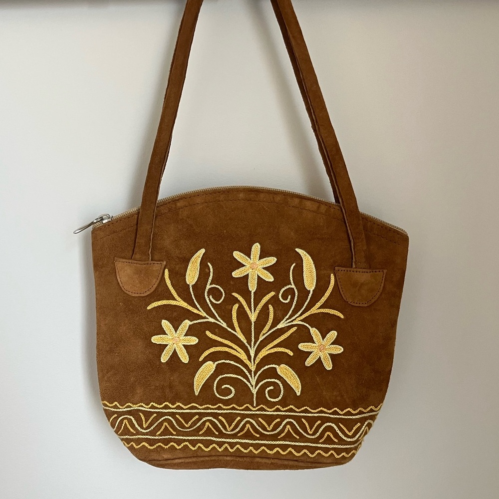 Brown Embroidered Floral Suede Tote Bag
